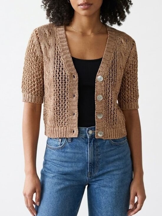 GAP Sweaters - Vintage GAP Women Crochet Open Knit Short Sleeve Crop Cardigan Metallic Beige S